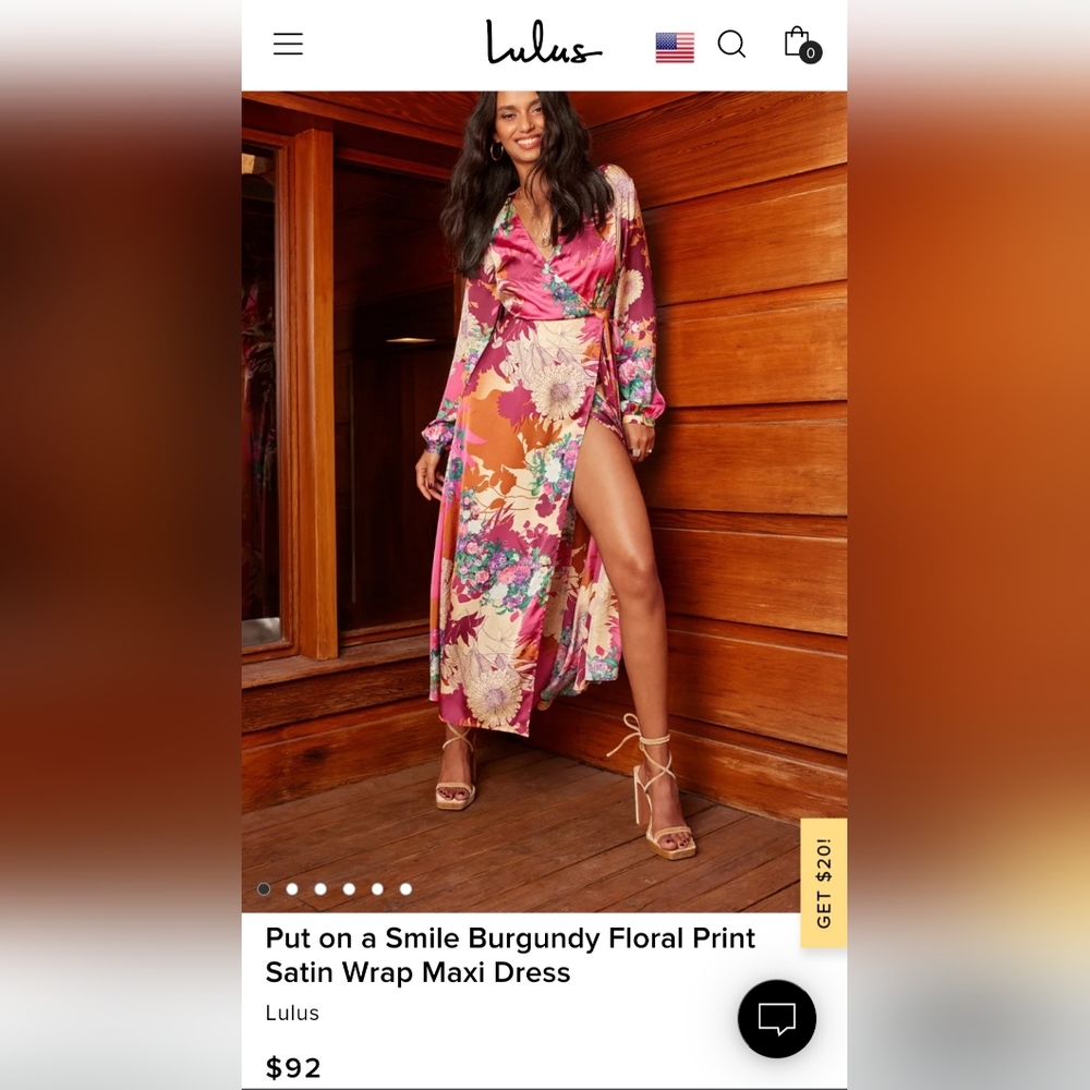 Lulu's- Put on a Smile Burgundy Floral Print Satin Wrap Maxi Dress